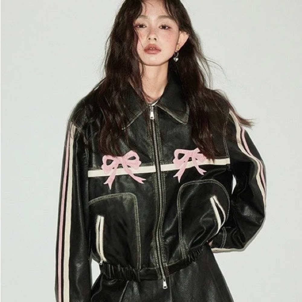 Diddi Moda Black Leather Jacket with Pink bows